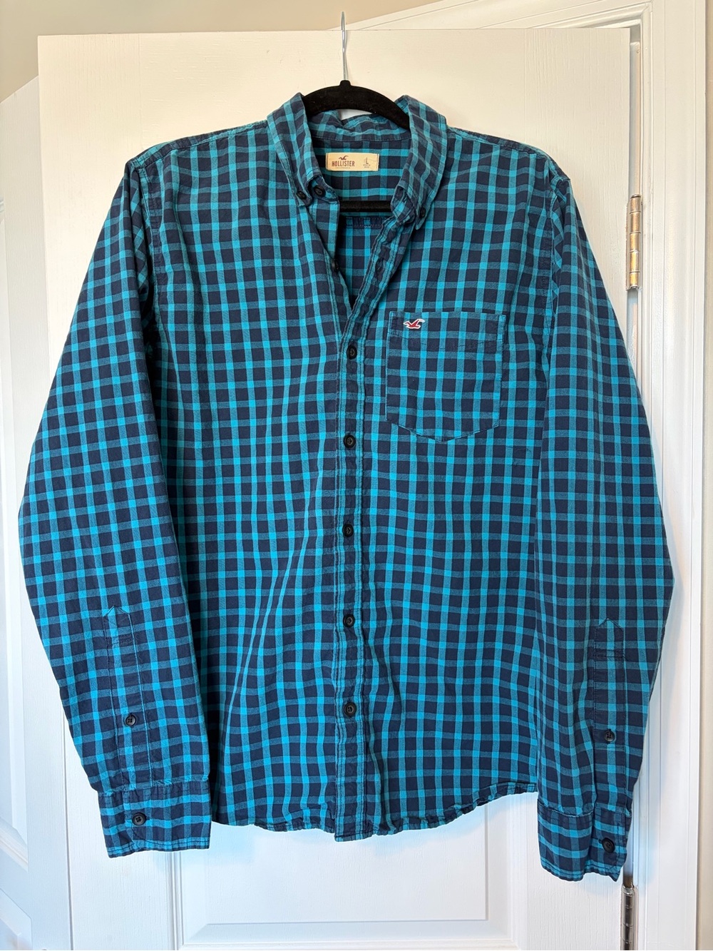 Hollister‎ California Mens Teal Navy Plaid Button-Down Shirt Long Sleeve L